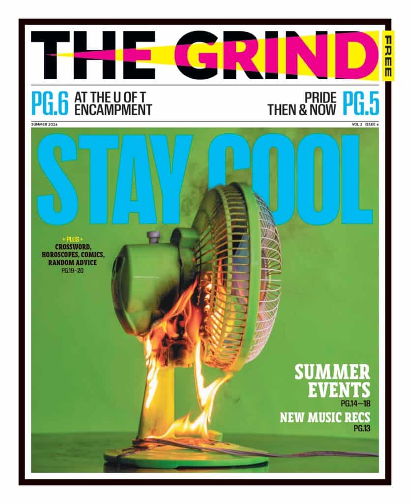 Cover of the summer issue of The Grind. A fan is on fire, with a green background and the words behind it in blue "STAY COOL". At the top is The Grind nameplate.